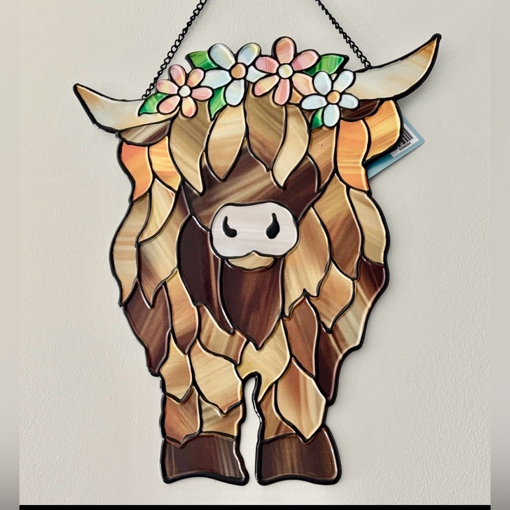 Highland Cow Wall Decor,flowers mosaic stained glass look high gloss metal,chain